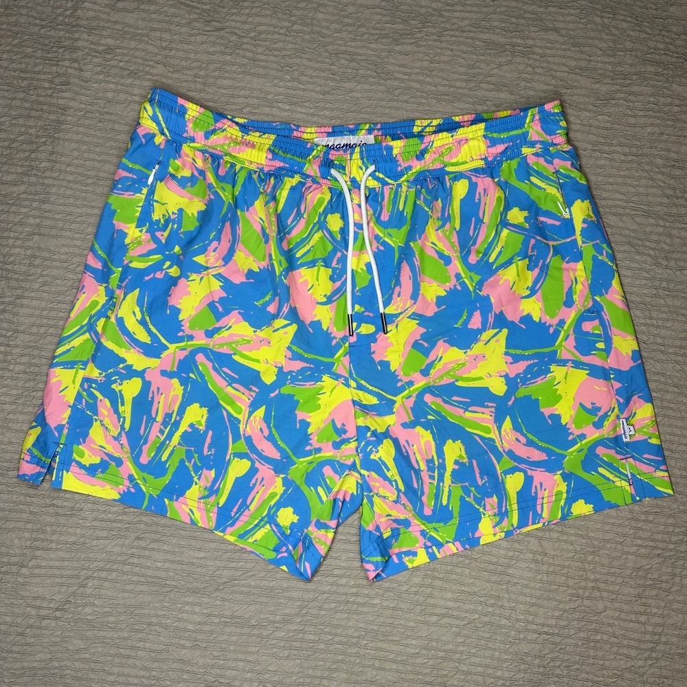Maamgic Mens Swim Trunks XL Abstract Leaf Print Compression Liner Phone Pocket